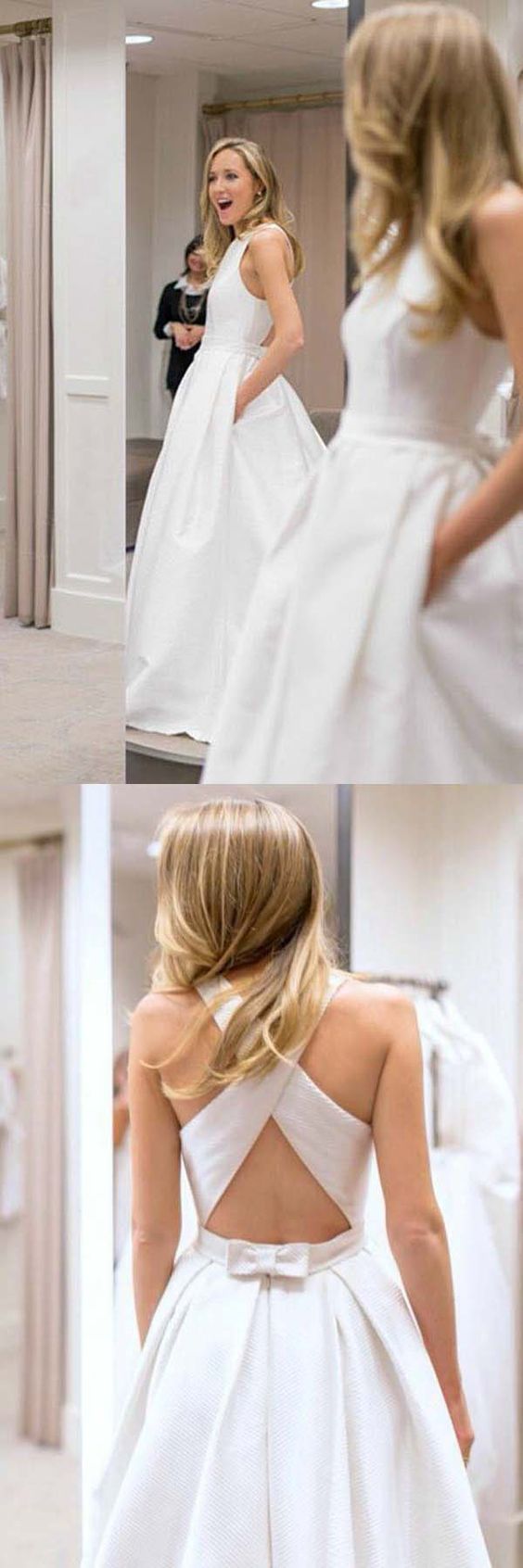 Simple Corss Back Modest Plain Wedding Dress with Pockets and little Bow Back GDC1272