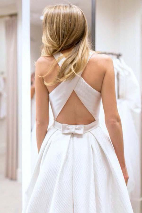 Simple Cross Back Modest Plain Wedding Dress with Pockets and little Bow Back Simple Cross Back Modest Plain Wedding Dress with Pockets and little Bow Back