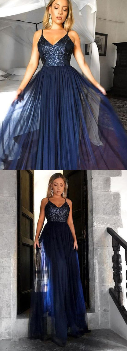 Simple Tulle Navy Blue Spaghetti Straps Prom Dress Formal Party Evening Dress #GDC1054
