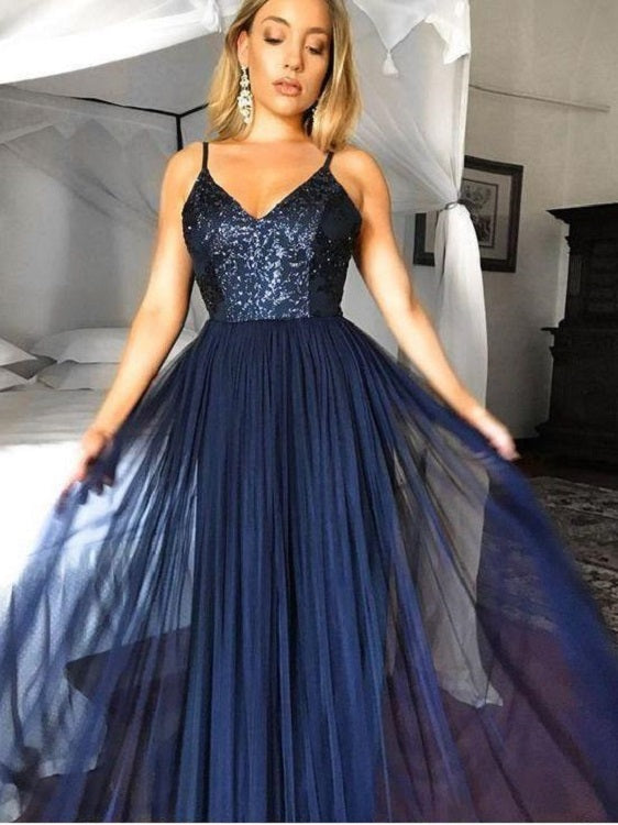Simple Tulle Navy Blue Spaghetti Straps Prom Dress Formal Party Evening Dress #GDC1054