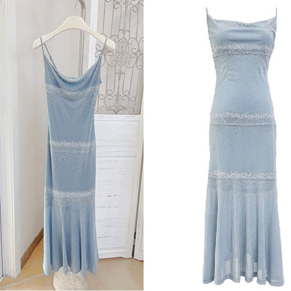 Sky Blue Starry Mermaid Midi Slip Dress - DollyGown