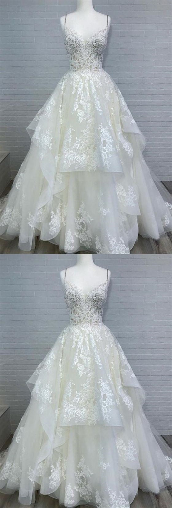 Spaghetti Straps Lace Ball Gown Wedding Dress - DollyGown