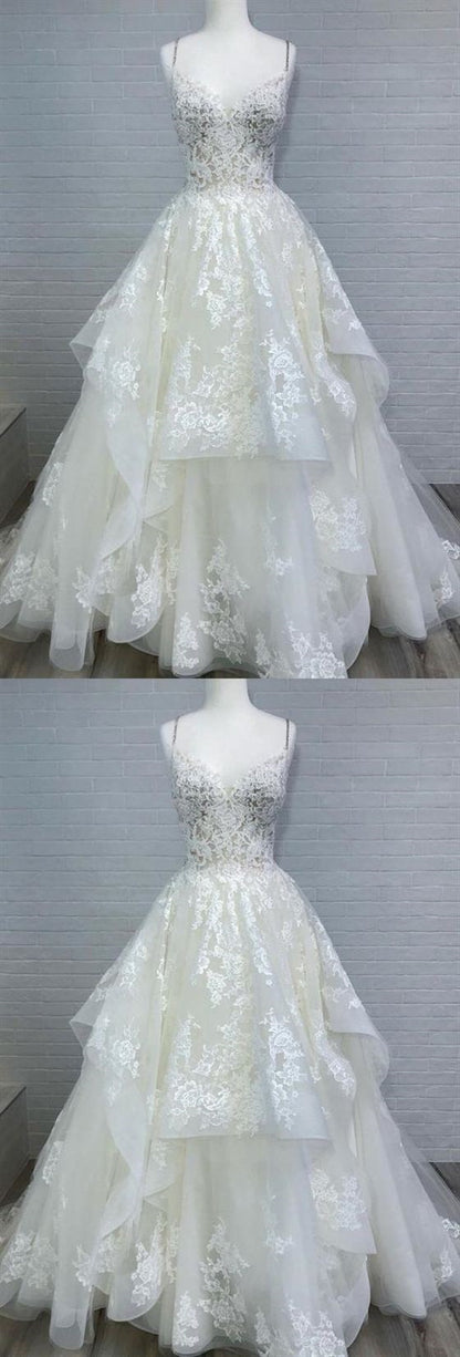 Spaghetti Straps Lace Ball Gown Wedding Dress - DollyGown
