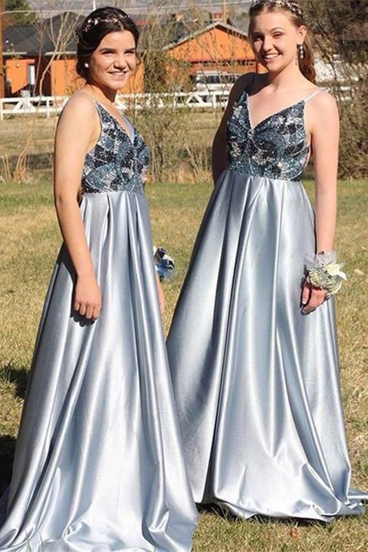 Sparkly Beading Dusty Blue Long Prom Dress Graduation Dress #GDC1327