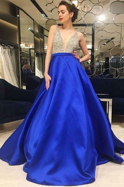 Sparkly Beading Plunge V-neck Royal Blue A-line Formal School Prom Dress
