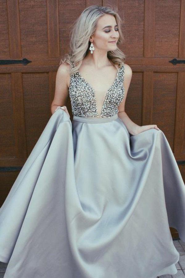 Sparkly Beading Plunge V-neck Royal Blue A-line Formal School Prom Dress,GDC1255