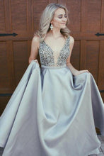 Sparkly Beading Plunge V-neck Royal Blue A-line Formal School Prom Dress,GDC1255