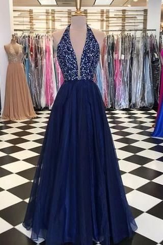 Sparkly Blue Tulle Halter Plunge V-neck Prom Dress Freshman Dress,GDC1350