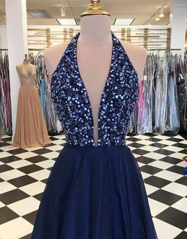 Sparkly Blue Tulle Halter Plunge V-neck Prom Dress Freshman Dress,GDC1350