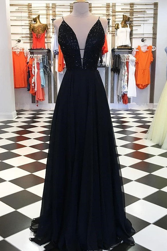 Sparkly Plunge V-neck A-line Black Sequin Prom Dress