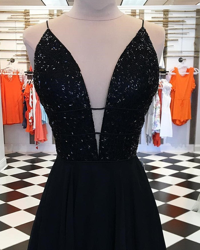 Sparkly Plunge V-neck A-line Black Sequin Prom Dress,GDC1341