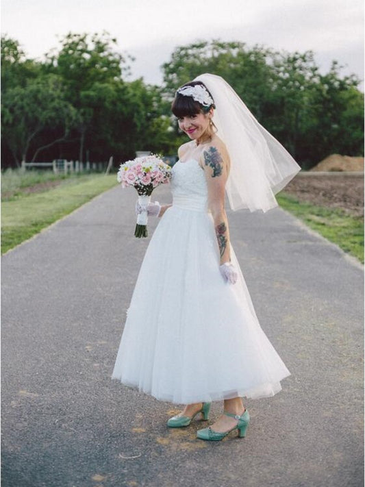 1950s Tulle Strapless Tea Length Rockabilly Wedding Dress main image 1