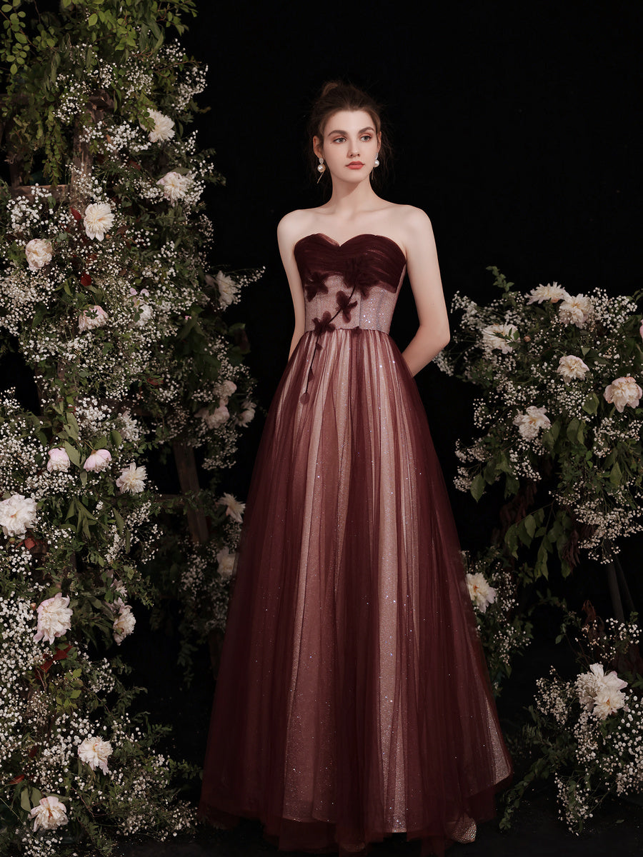 Strapless Maroon Glitter Long Prom Dress - DollyGown