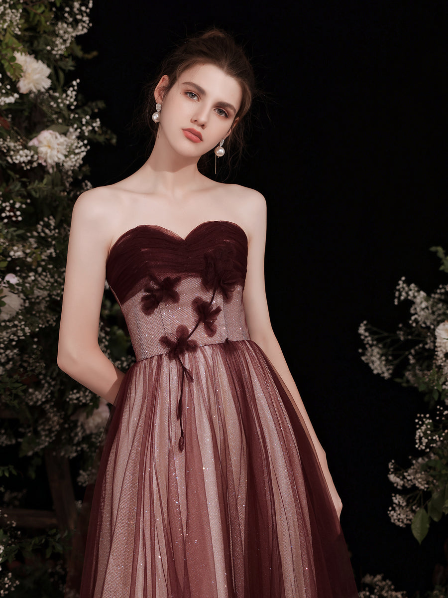 Strapless Maroon Glitter Long Prom Dress - DollyGown