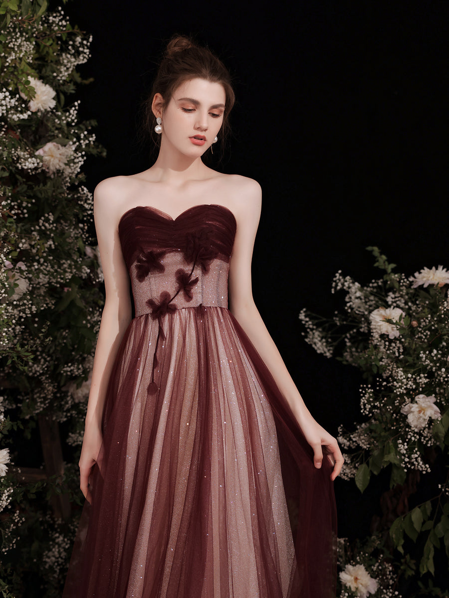 Strapless Maroon Glitter Long Prom Dress - DollyGown