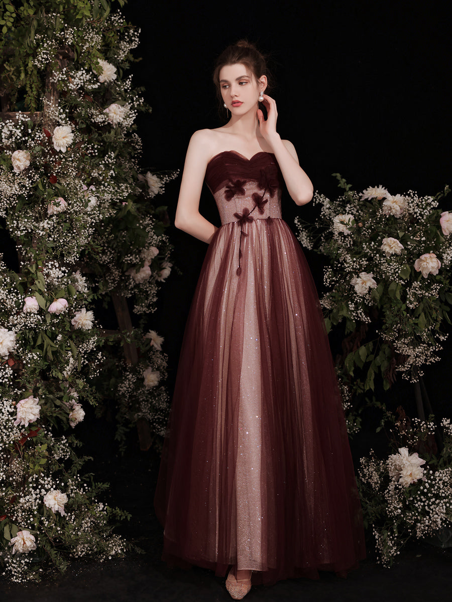Strapless Maroon Glitter Long Prom Dress - DollyGown