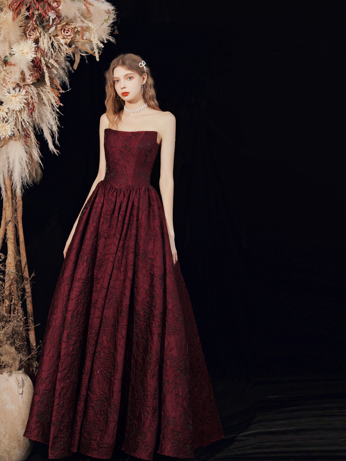 maroon strapless prom dress Burgundy Mermaid Strapless Beaded Appliques Lace-Up Long Prom Dress DR1551