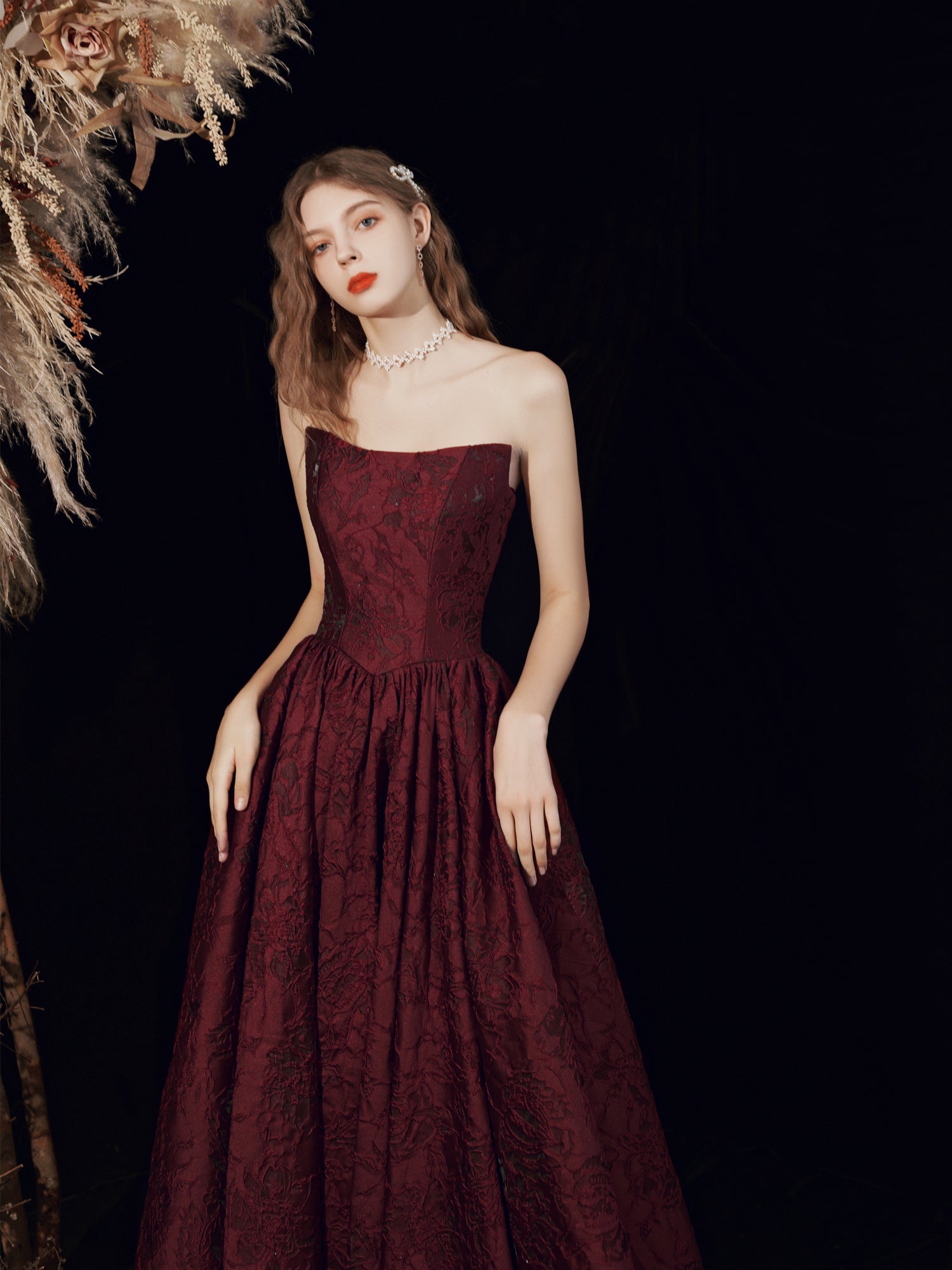 Strapless Maroon Prom Dress Formal Gown - DollyGown