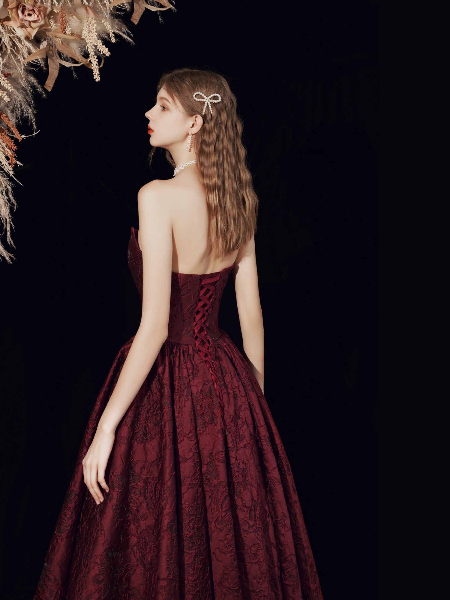Strapless Maroon Prom Dress Formal Gown - DollyGown
