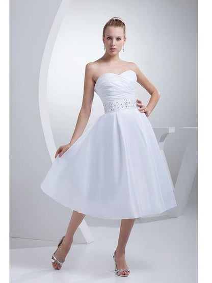Strapless Short A-line Tea Length Wedding Dress with beading waist panel.20082019