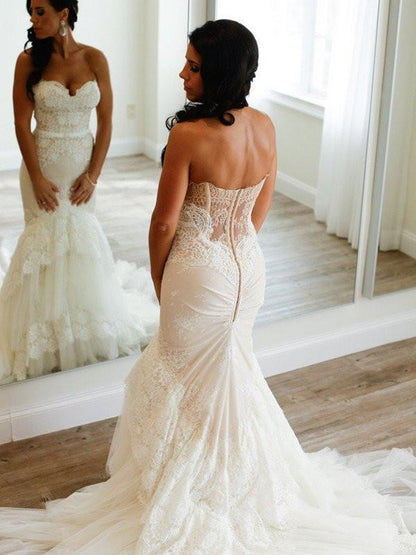 Strapless Lace Mermaid Tiered Wedding Dres for Curvy Women WS080