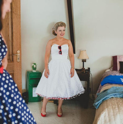 Strapless White Polka Dot Short Wedding Dress for Older Brides,20111548