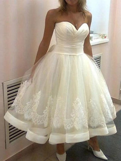Strapless Sweetheart A-line 50s Style Tea Length Wedding Dresses with Satin Binding Hemline,GDC1519