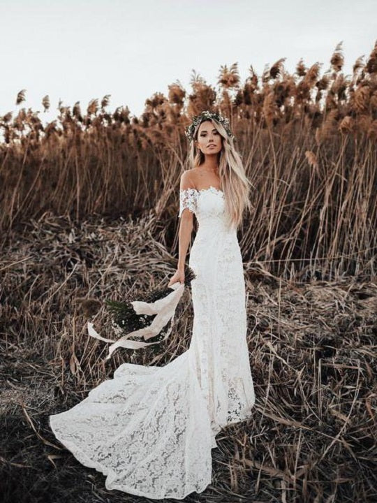 Stunning Country Lace Mermaid Off the Shoulder Wedding Dress Rustic Wedding,GDC1025