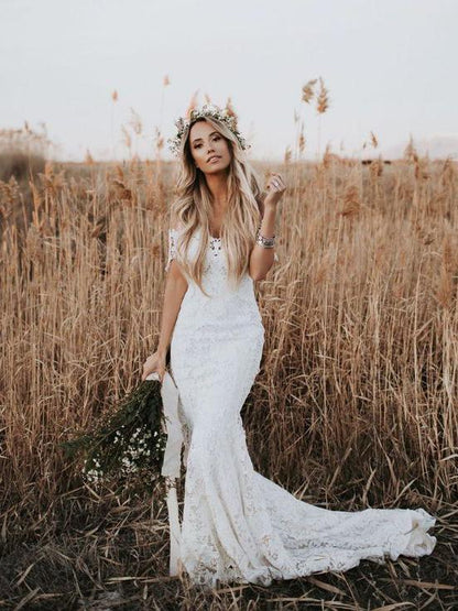 Stunning Country Lace Mermaid Off the Shoulder Wedding Dress Rustic Wedding,GDC1025