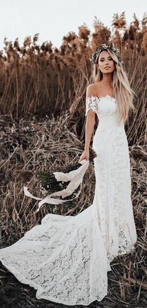 Stunning Country Lace Mermaid Off the Shoulder Wedding Dress Rustic Wedding