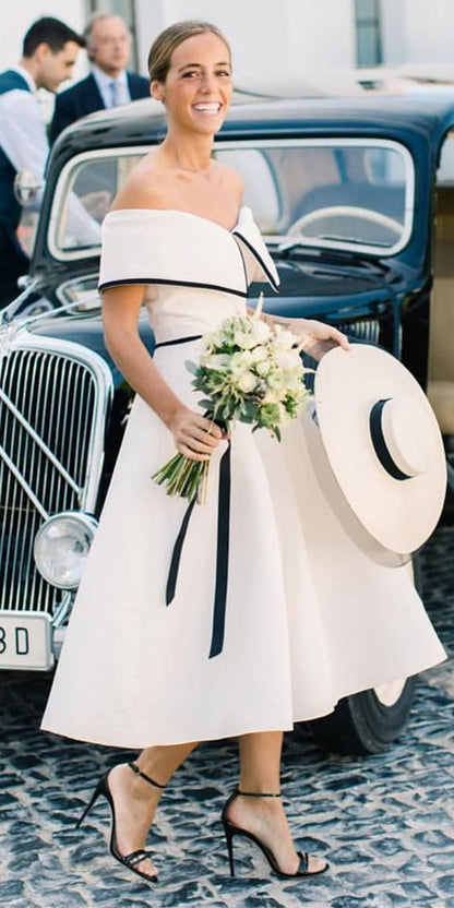 Stylish Vintage Inspired Off Shoulder Tea Length Wedding Dress with Satin Binding Shawl Collar,GDC1110