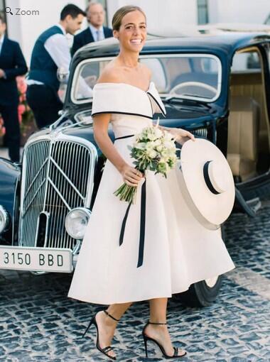 Stylish Vintage Inspired Off Shoulder Tea Length Wedding Dress with Satin Binding Shawl Collar,GDC1110