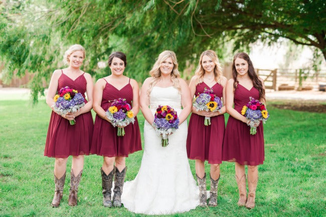 Summer Burgundy Spaghetti Strapless Short Bridesmaid Dresses with Cowgirl Boots,20081831