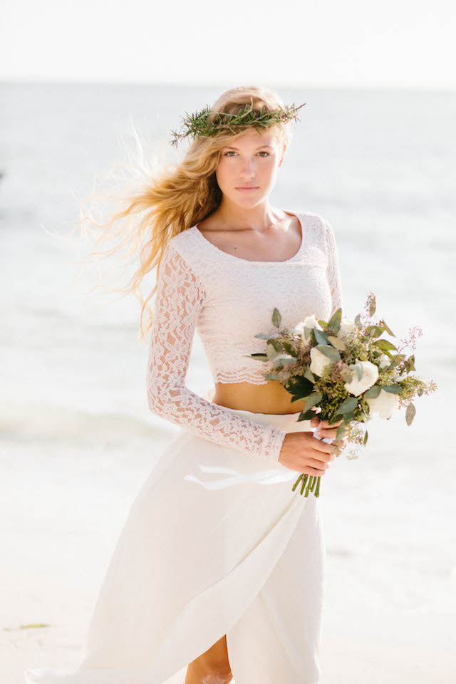Summer Flowy Beach Lace Crop Top Chiffon Skirt Two Piece Wedding Dress,Bridal Separates Online,20082340
