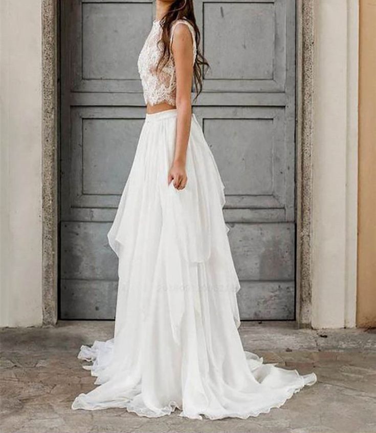 Rustic Two Piece Lace Crop Top Bridal Separates Tulle Skirt with Satin Binding
