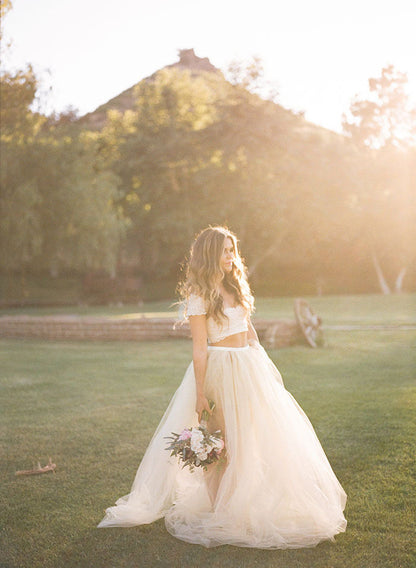 Summer Rustic Cap Sleeved Lace Top Two Piece Tulle Skirt Bridal Separates Wedding Dress,20082341