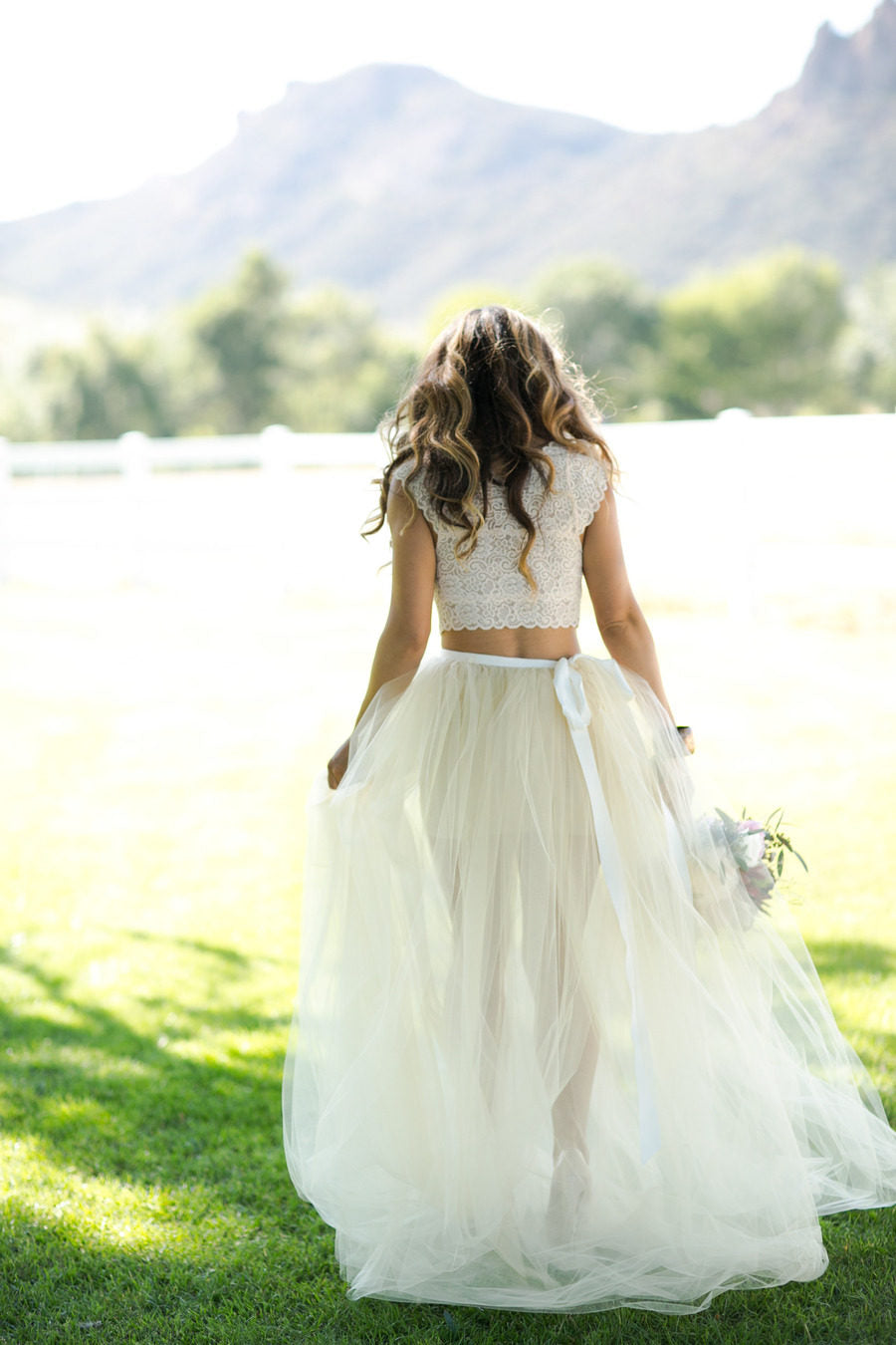 Summer Rustic Cap Sleeved Lace Top Two Piece Tulle Skirt Bridal Separates Wedding Dress,20082341