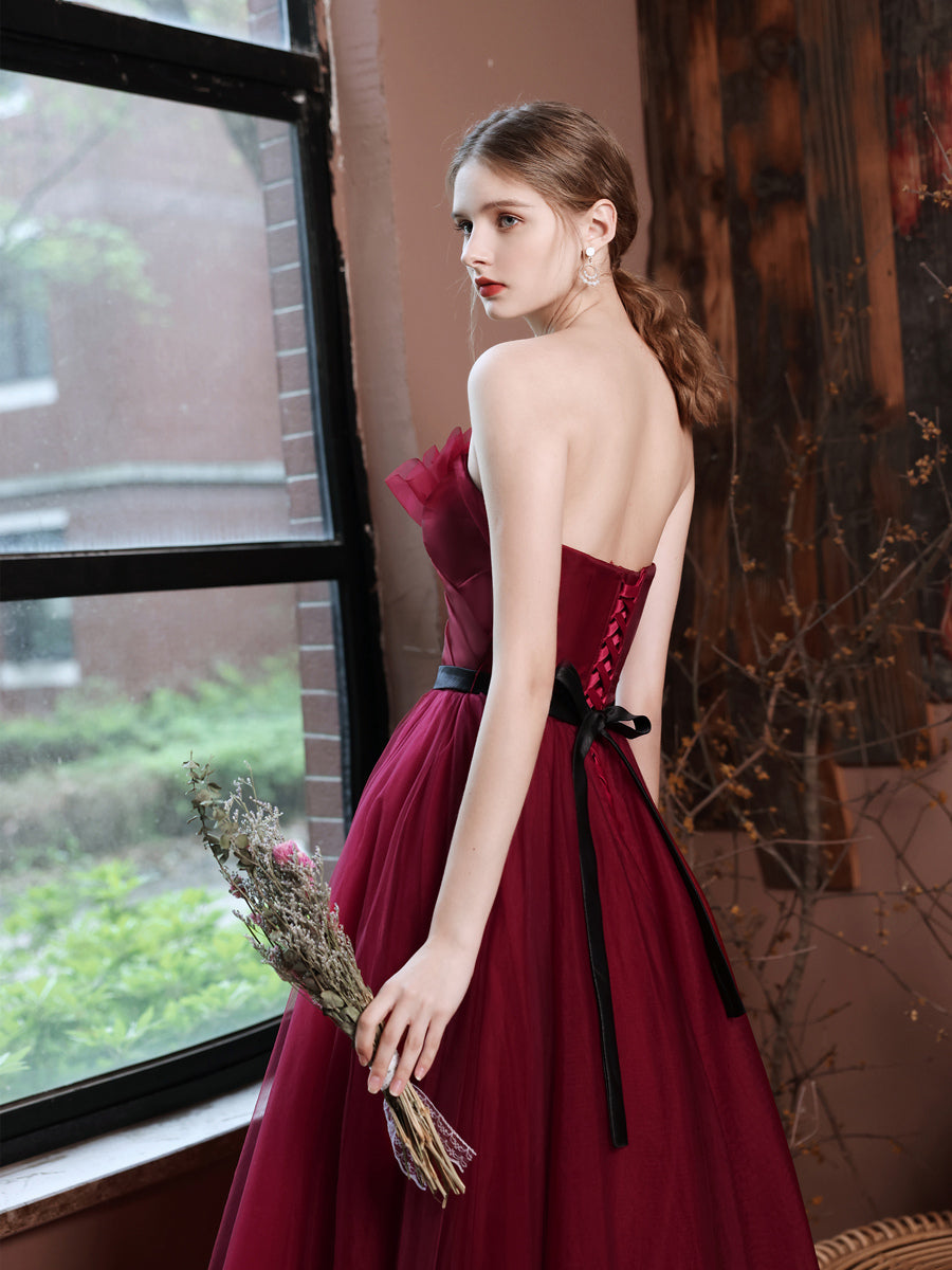 Burgundy A Line V Neck Backless Tulle Sequins Long Prom Dress with Leg –  abcprom