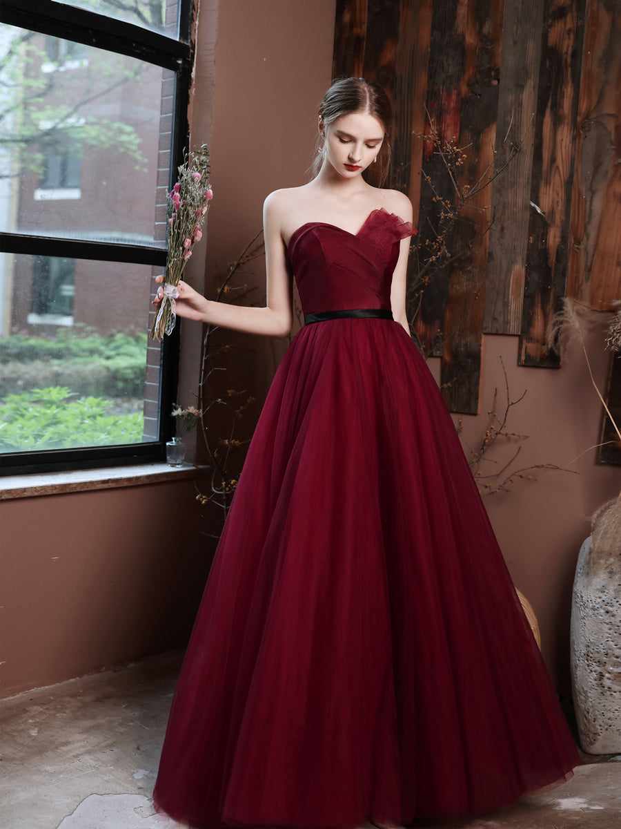 Plunging V Neck Maroon Lace Tulle A-line Prom Gown - Xdressy