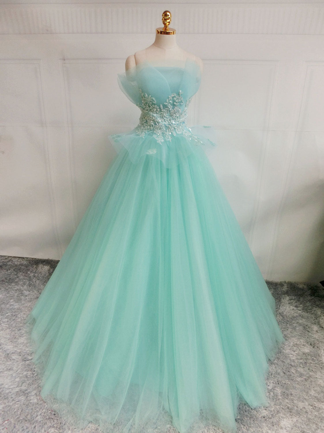 Fairytale Strapless Mint Green Tull Ball Gown Prom Dress - DollyGown