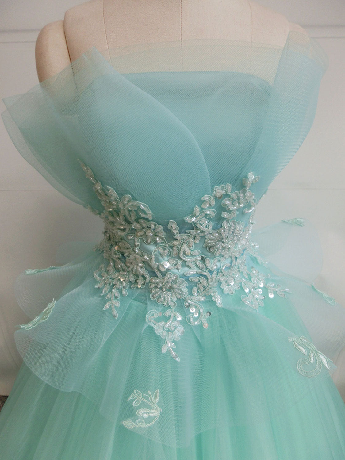 Fairytale Strapless Mint Green Tull Ball Gown Prom Dress - DollyGown