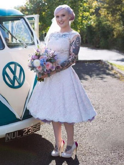 Tea Length Lace Wedding Dress 50s Wedding Dress Vintage 1950's Short Wedding Dress,WS061