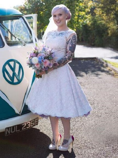Tea Length Lace Wedding Dress 50s Wedding Dress Vintage 1950's Short Wedding Dress