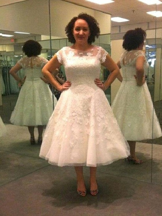 Tea Length Lace Wedding Dress Vintage Wedding Dress Pin Up Wedding Dress 50s Style Wedding Dress,WS038