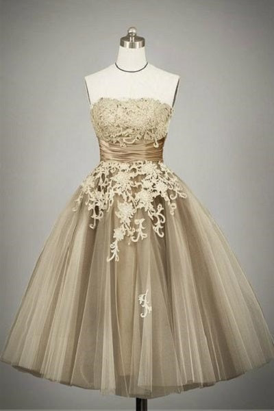Tea Length Lace Wedding Dress Vintage Wedding Dress Retro Wedding Dresses,WD001