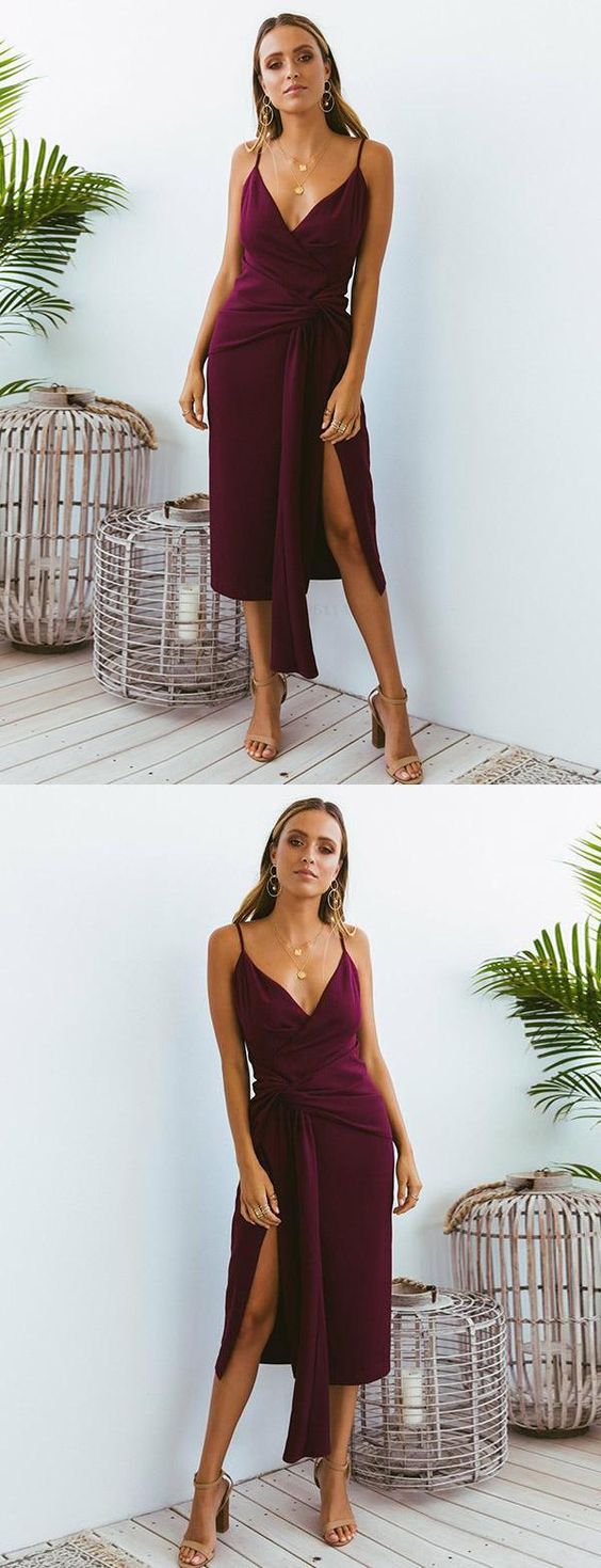 Tea Length Sheath Burgundy Summer Semi Formal Dress Prom Dress,GDC1319