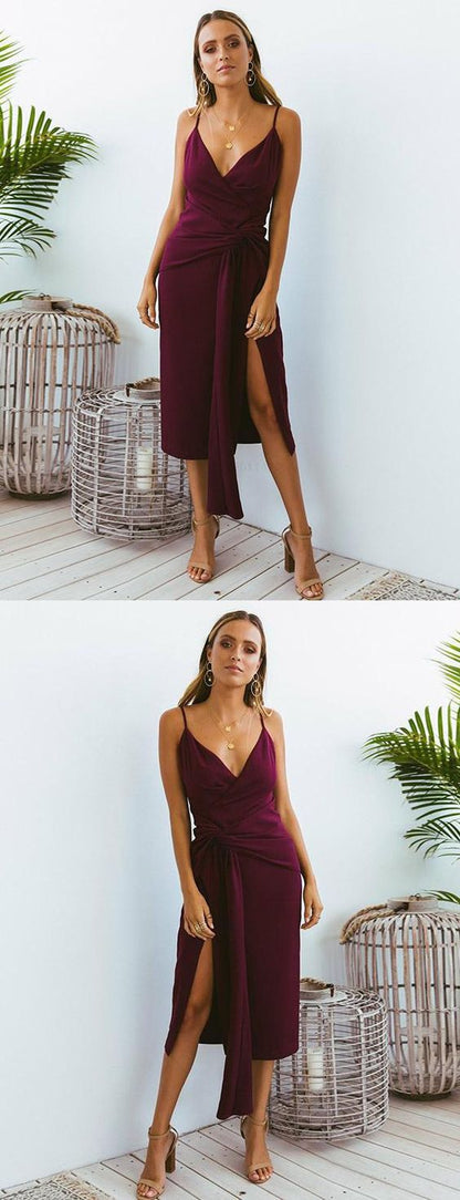 Tea Length Sheath Burgundy Summer Semi Formal Dress Prom Dress,GDC1319