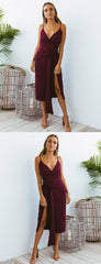 Tea Length Sheath Burgundy Summer Semi Formal Dress Prom Dress,GDC1319