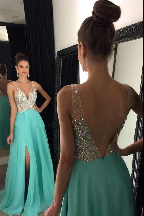 Teal Dazzling Beading Side Slit Prom Dress  A-line Graduation Dress,GDC1223
