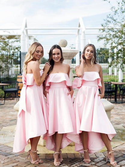 Trending Strapless Hi-Lo Pink Bridesmaid Dresses with Chic Bow Back,GDC1002